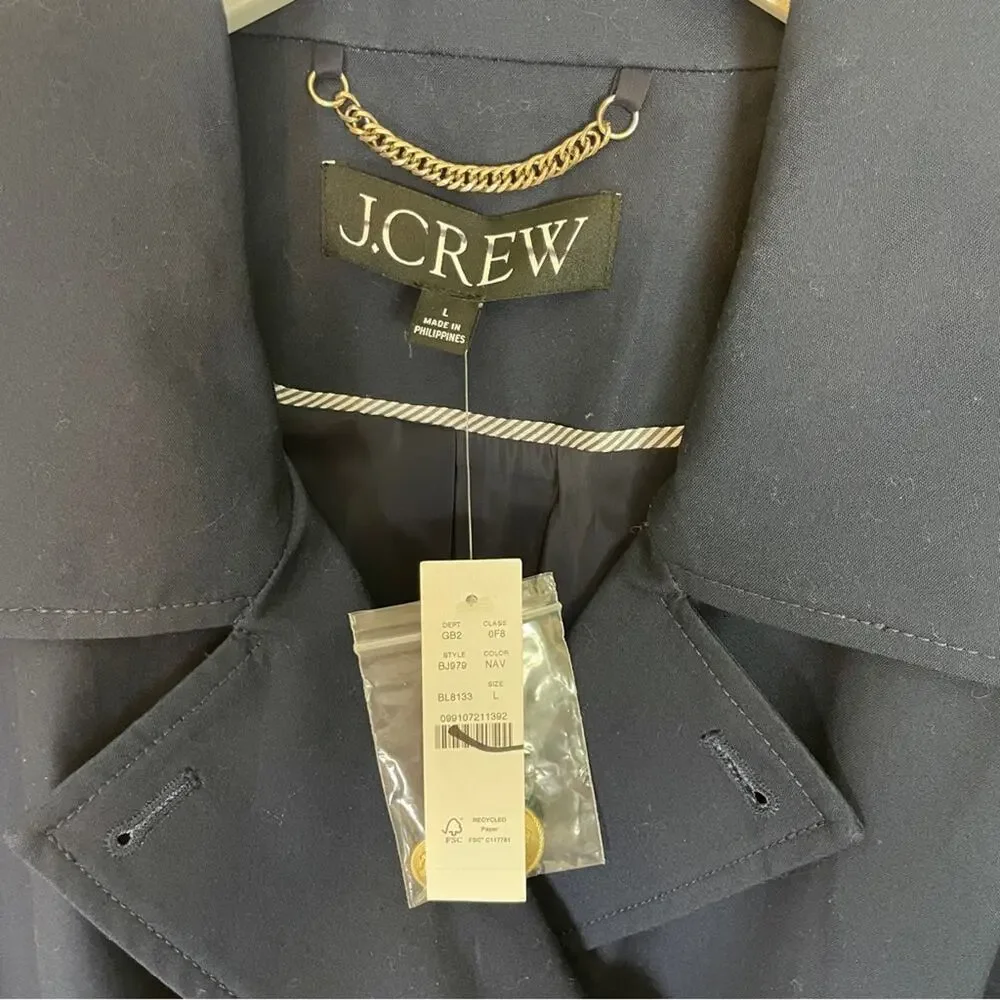 J.Crew Navy Trench Coat Water Repellent Cotton Belted NWT Sz L - Picture 9 of 12